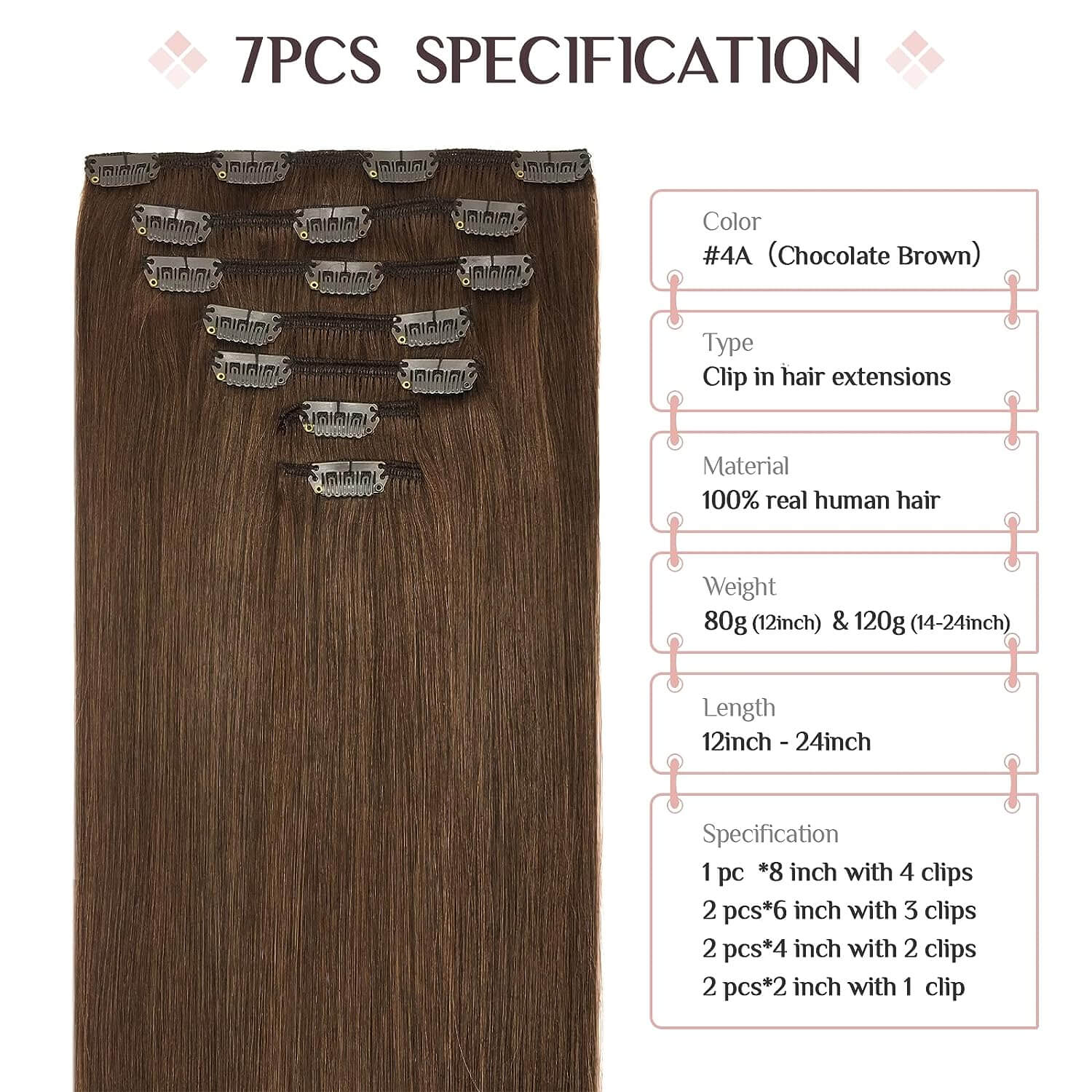 7pcs Clip in Remy Human Hair Extensions #4 Chocolate brown