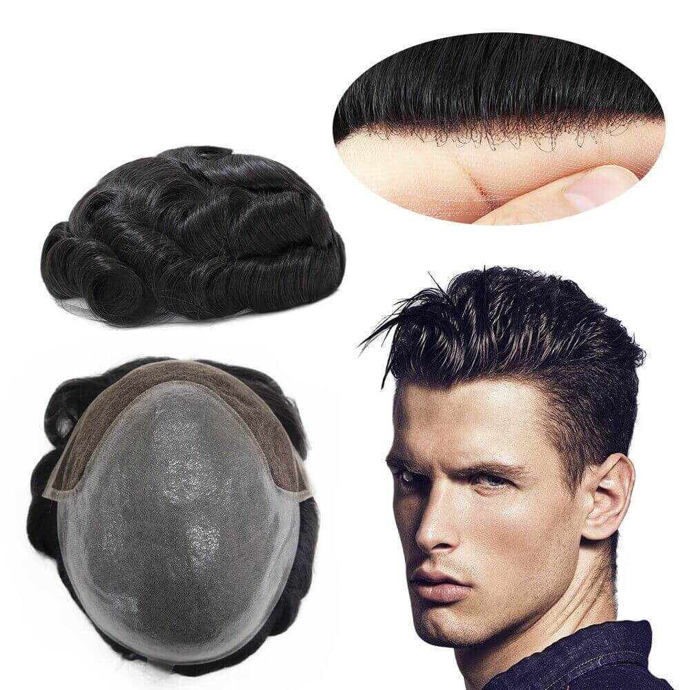 BIO 0.08mm mens toupee French lace  hair pieces Bleached Knots