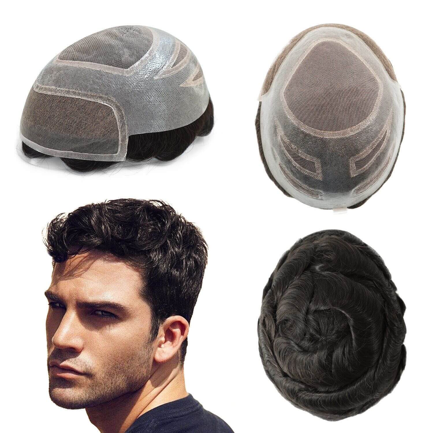 Mens hair piece with adjustable PU in Sides and Back Men Toupee