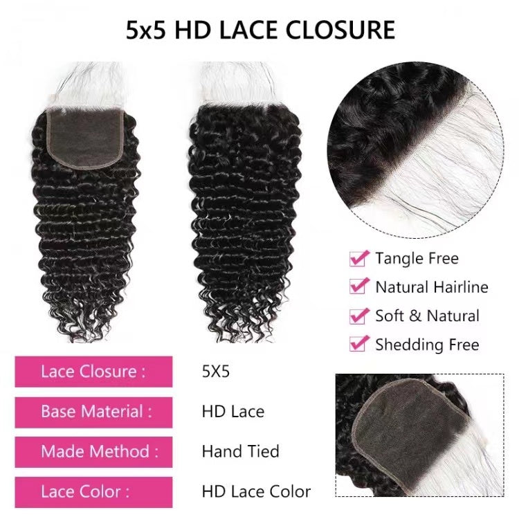 Deep Wave  5x5 HD Lace Closure Virgin Hair Closure For Women