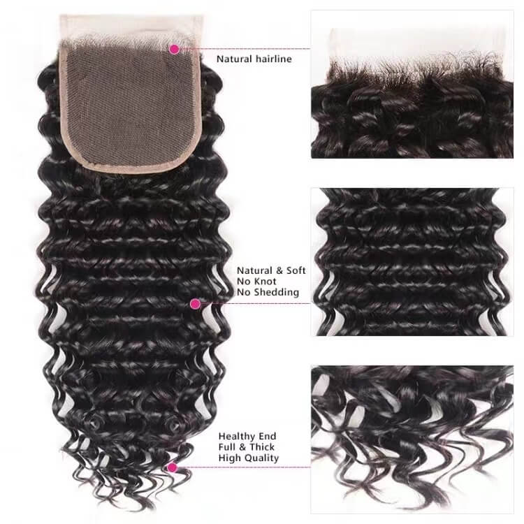 Deep Wave Lace Closure Human Hair Extensions 4*4 Brazilian Deep Wave Culry HairLace Closure