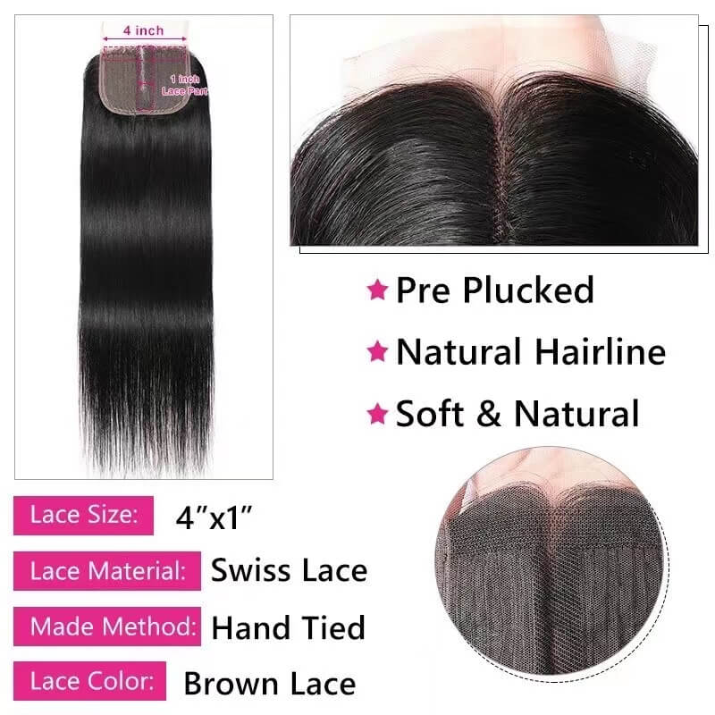 1 Piece Straight Human  virgin Hair Closure Brazilian 4x4 Lace Closure