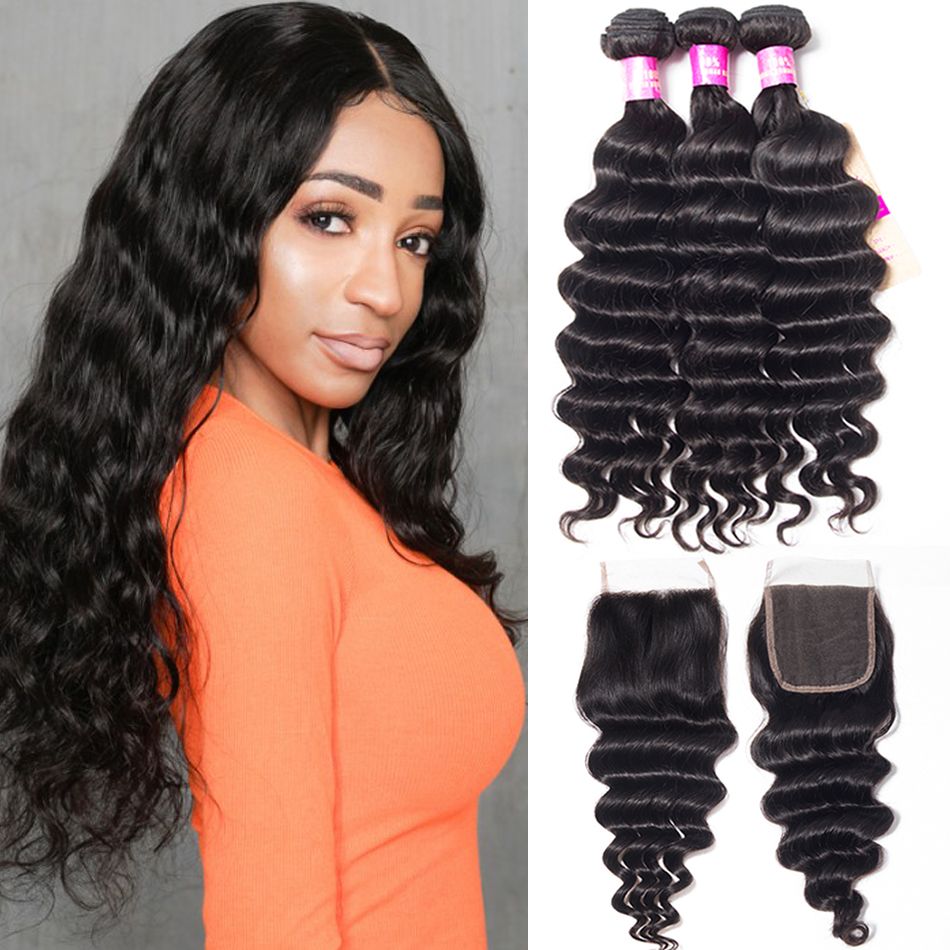 3 Bundles Human Hair Weft With Closure Loose Deep Wave Brazilian Hair Weave Bundles With Closure