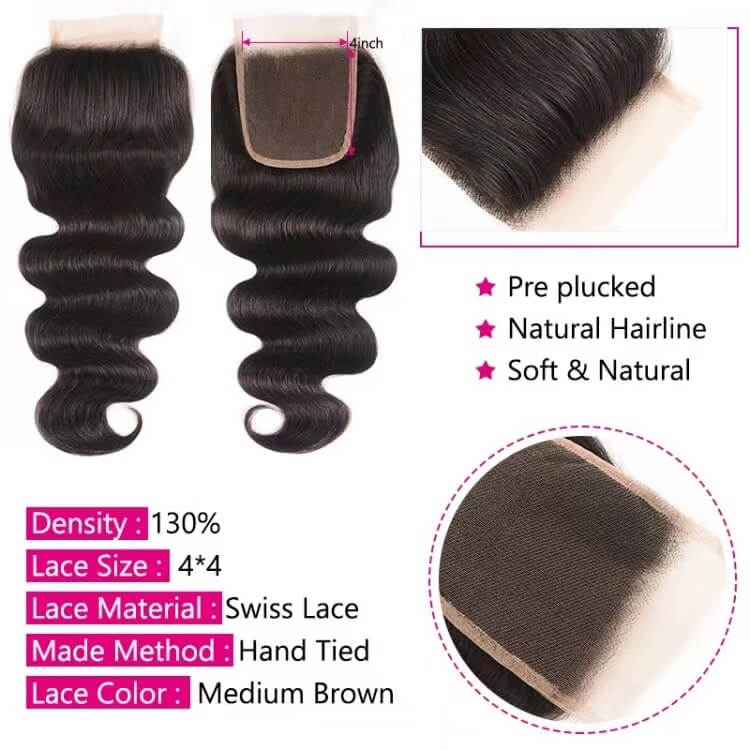 wholesale factory 1piece 4*4 Lace Closure Brazilian Body Wave Human Hair Closure Lace Hair Extensions