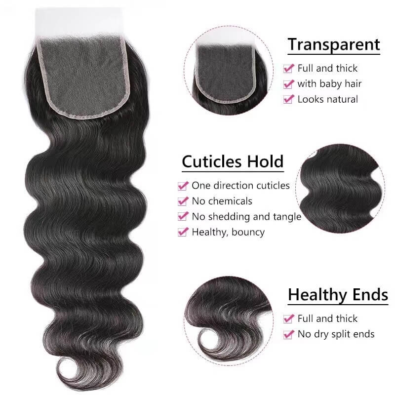 5x5HD Closure Body Wave Hair 3 Bundles With Transparent Lace Closure