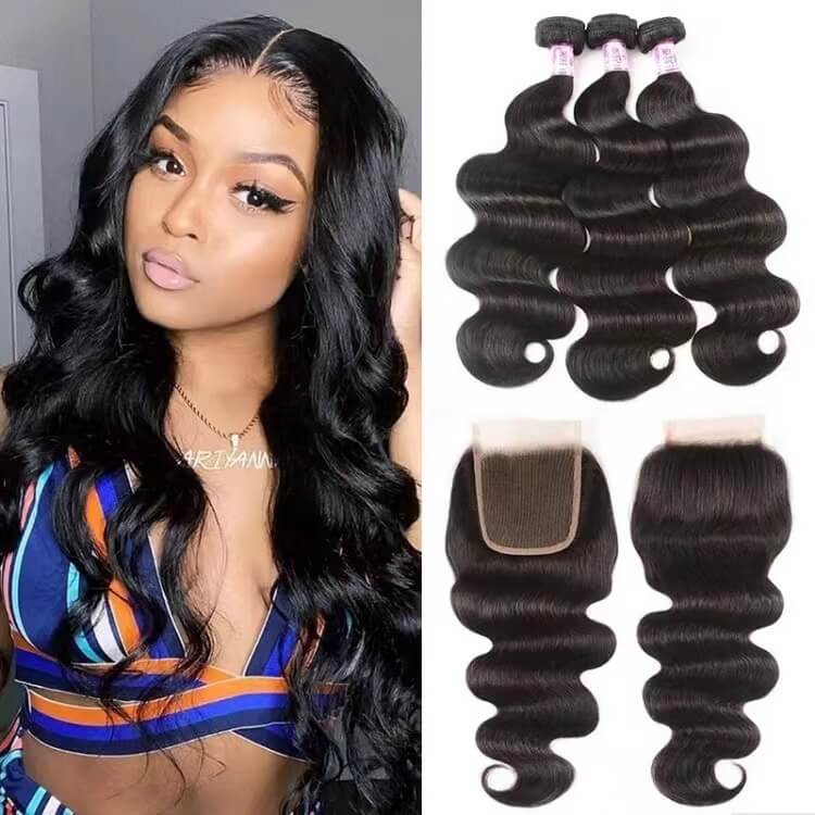 Body Wave Hair 3 Bundes With4*4 lace Closure High Quality Brazilian Virgin Hair Wavy Human Hair Bundles With Closure