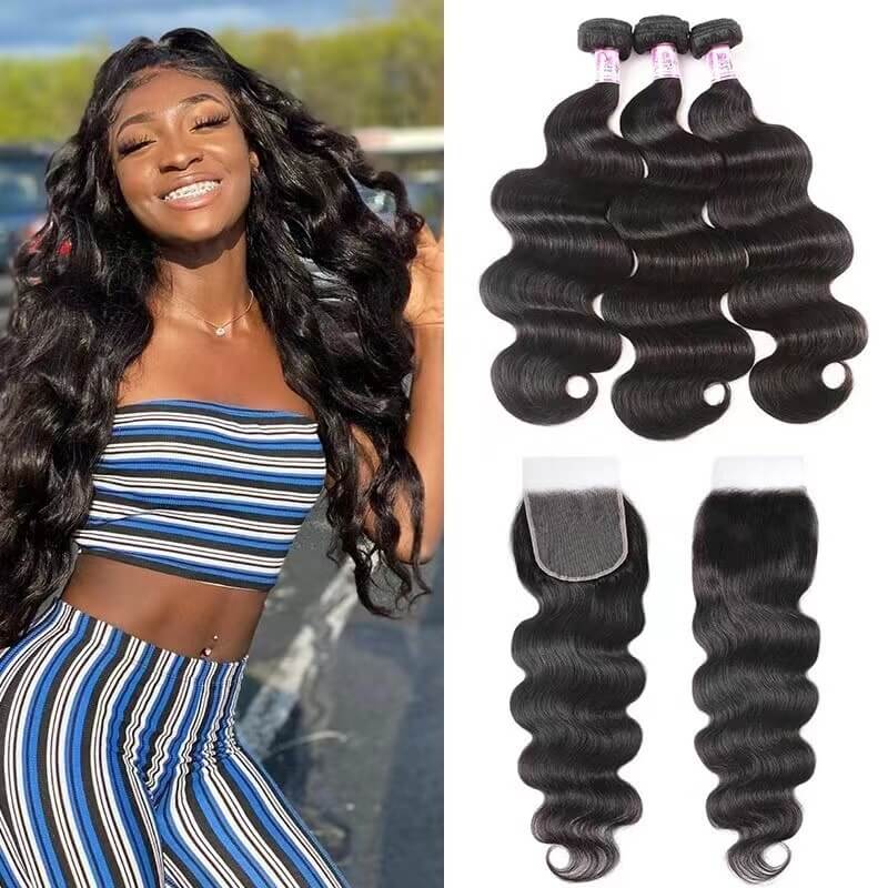 5x5HD Closure Body Wave Hair 3 Bundles With Transparent Lace Closure