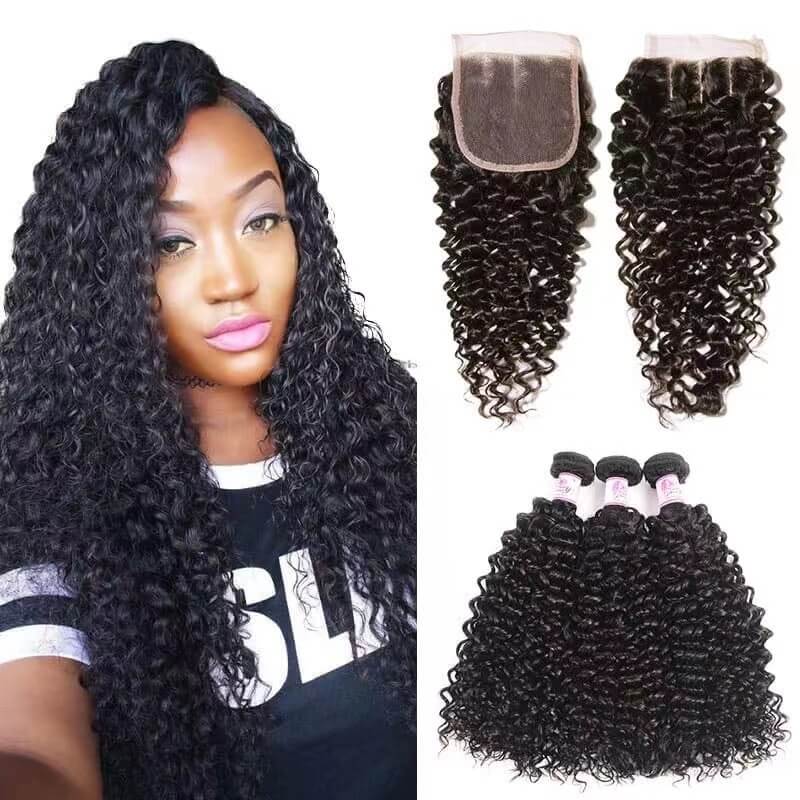 Brazilian Curly wave Virgin Hair With Closure 100%  Human Hair Bundles With Closure Jerry Curly