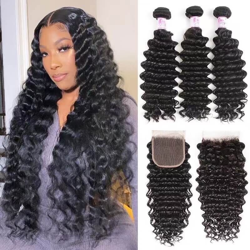 Brazilian Deep Wave With Closure Tinashe Hair Deep Curly 3 Bundles With Closure 100% Virgin Human Hair