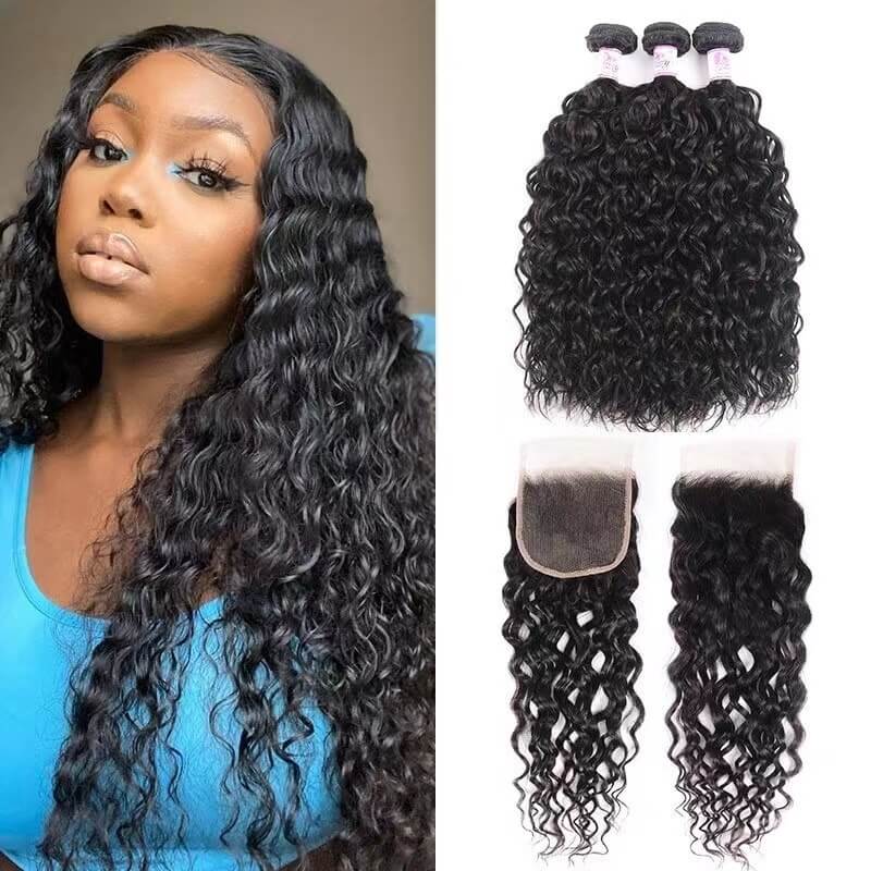 3 Bundles With Closure Brazilian Wet And water Wavy Human Hair Weave Bundles With Closure Natural Color