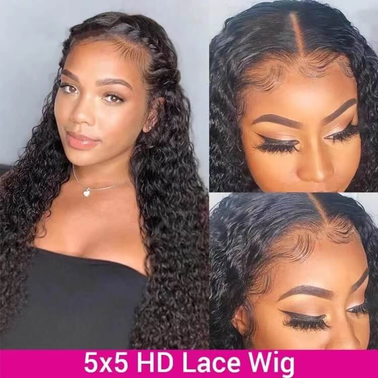 HD Lace Wigs Jerry Curly 5x5 Lace Closure Wigs Human Hair Natural Color 180% density