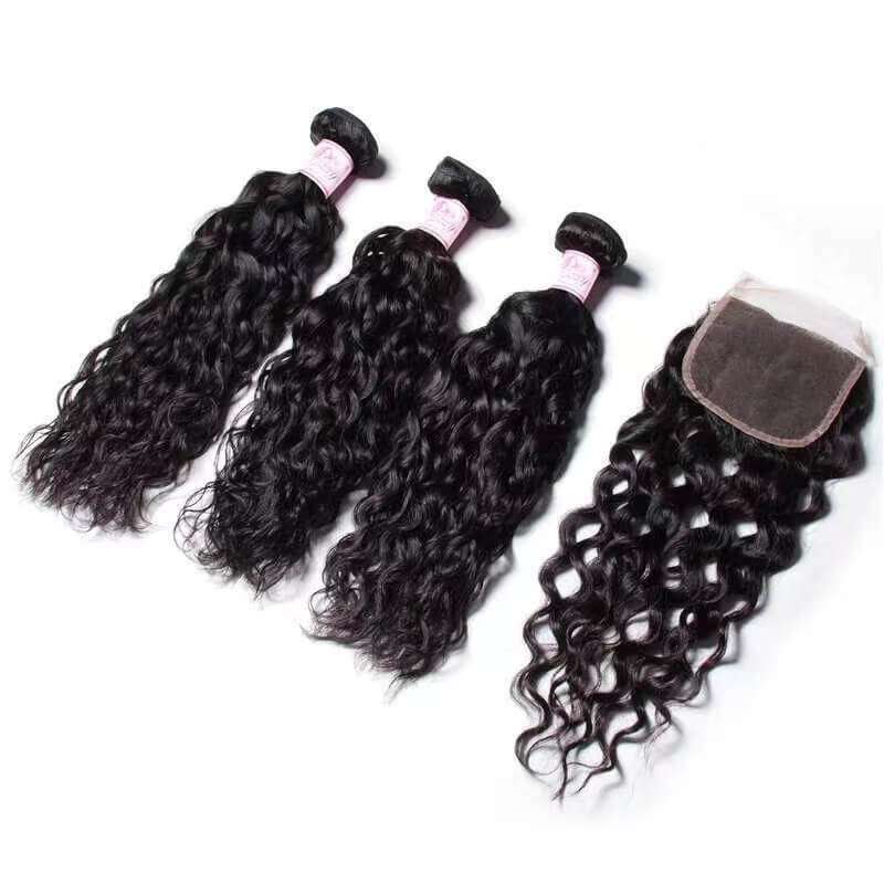 3 Bundles With Closure Brazilian Wet And water Wavy Human Hair Weave Bundles With Closure Natural Color