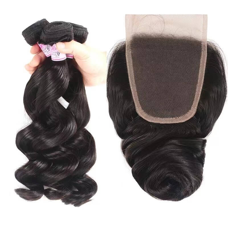 Brazilian loose wave  3 bundles with 4x4 Lace Closure  Peruvian Human Hair