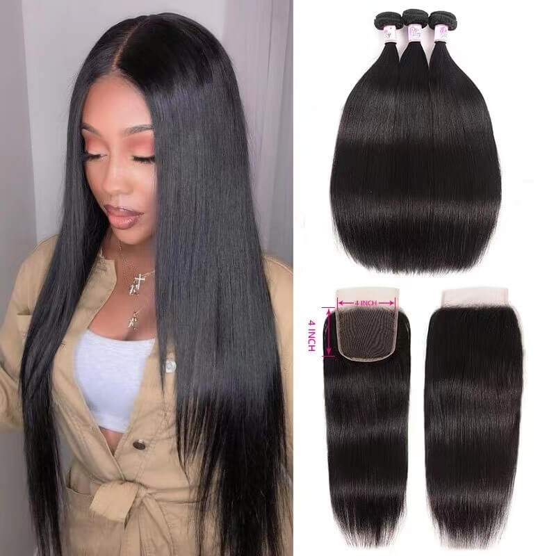 Brazilian Straight Human Hair 3 Bundles With 4*4Closure Mink Brazilian Virgin Hair Straight With Closure