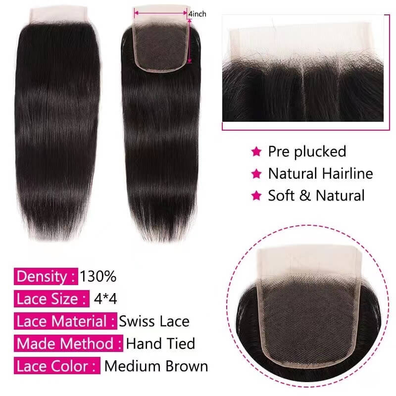 Brazilian Straight Human Hair 3 Bundles With 4*4Closure Mink Brazilian Virgin Hair Straight With Closure