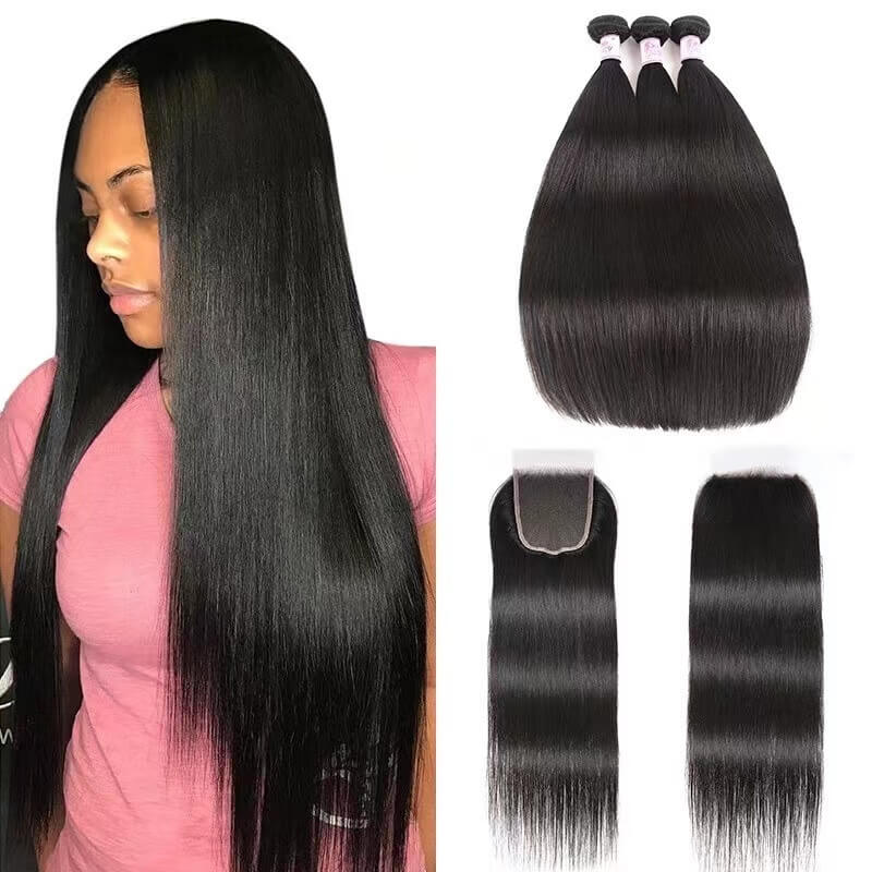 HD Lace Closure 5x5 With3 Bundles Straight Weave Virgin Human Hair Bundle Deals